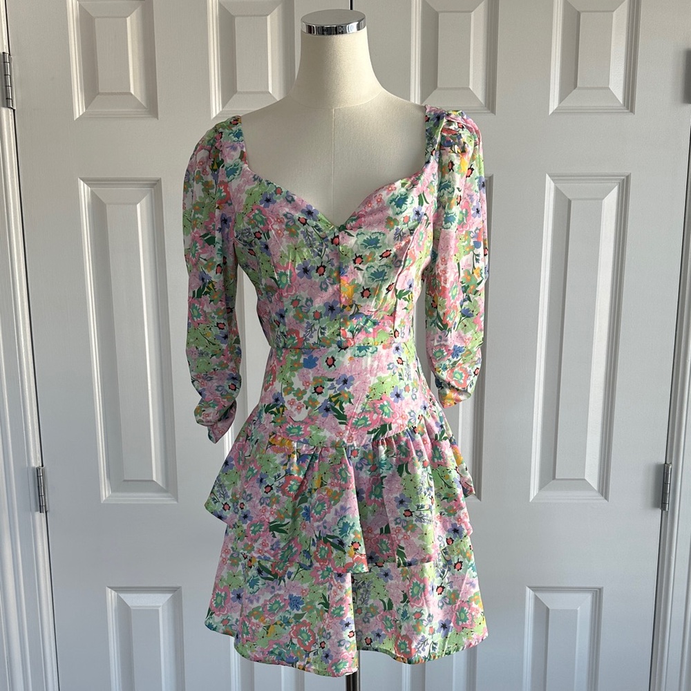 Strangers & Lovers Revolve Floral Open Back Puff Sleeve Tiered Mini Dress Size S